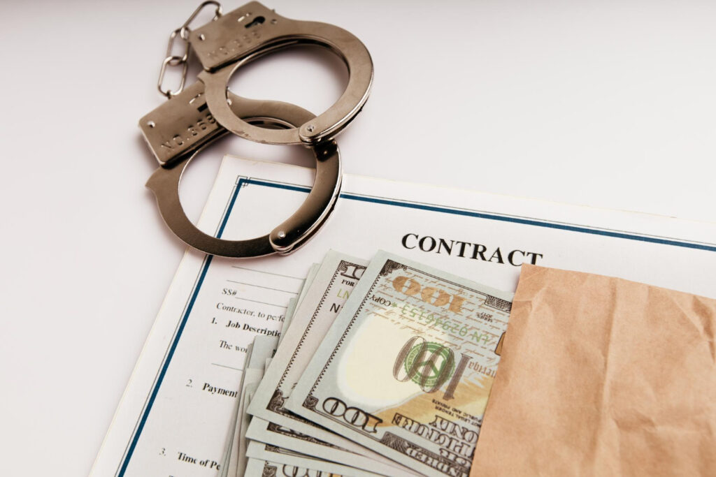 Handcuffs, a contract, and cash in a brown envelope on a desk, symbolizing bribery or financial crime.